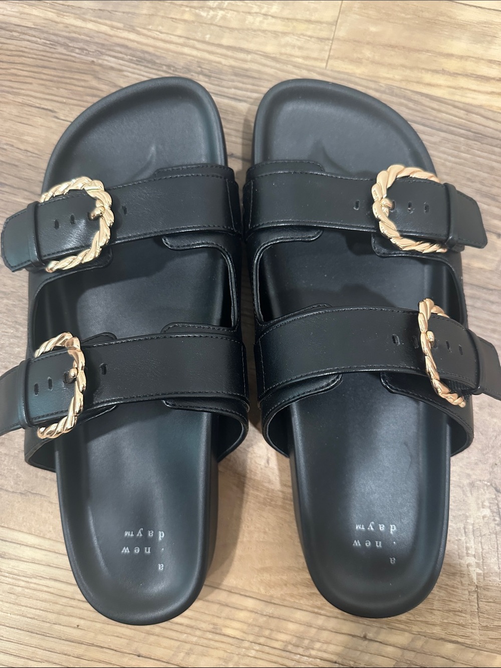 NWOT a new day Black Double-Strap Slide Sandals with Gold Twisted Buckles